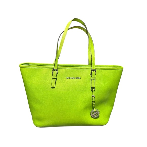 Michael Kors Saffiano Leather Jet Set Tote Lime Green Shoulder Bag - Picture 10 of 10